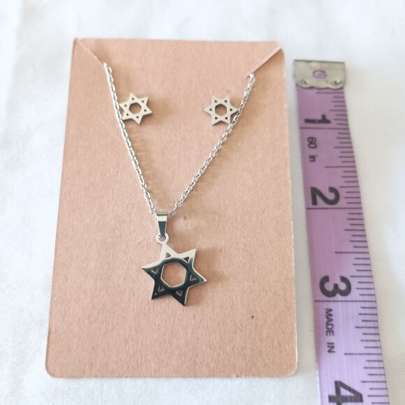 Star of David Necklace Earrings Set Stainless Steel 18” Silvertone Gift - Picture 2 of 2